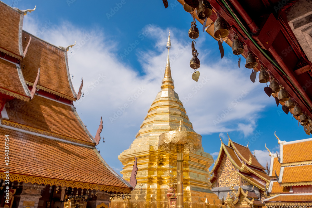 Naklejka premium Buddhist Temple name Wat Phra That Doi Suthep in Chiang Mai city, Thailand - The most beautiful golden stupa in Thai. ​