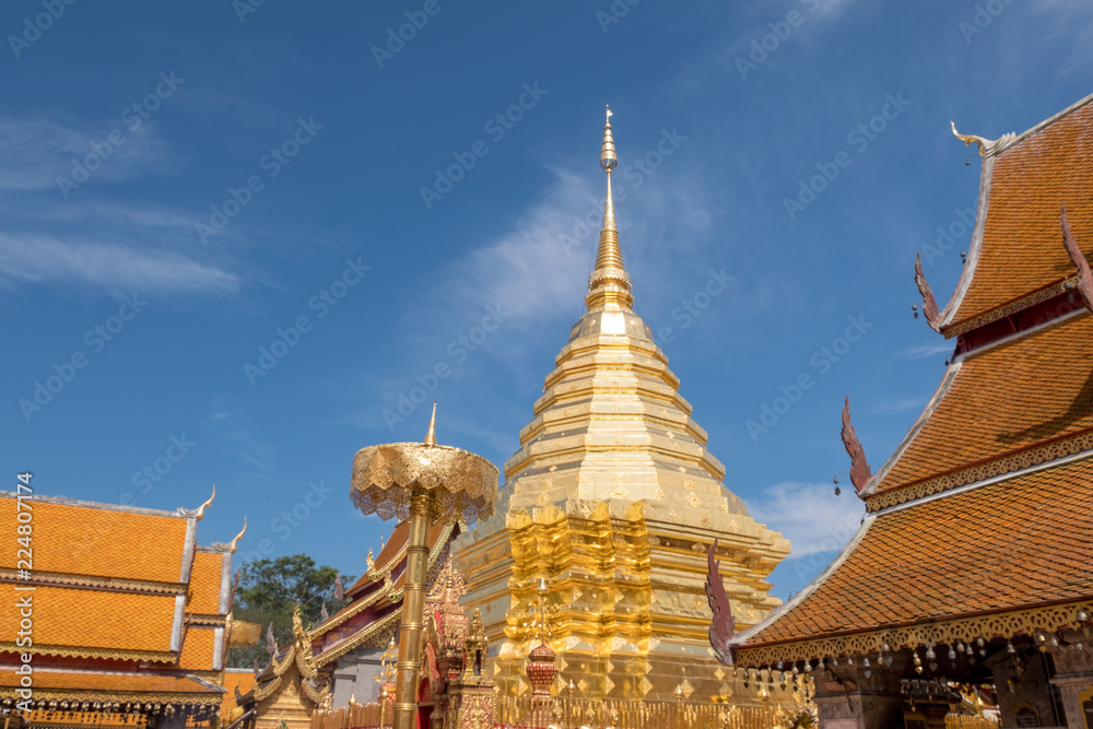 Naklejka premium Buddhist Temple name Wat Phra That Doi Suthep in Chiang Mai city, Thailand - The most beautiful golden stupa in Thai. ​