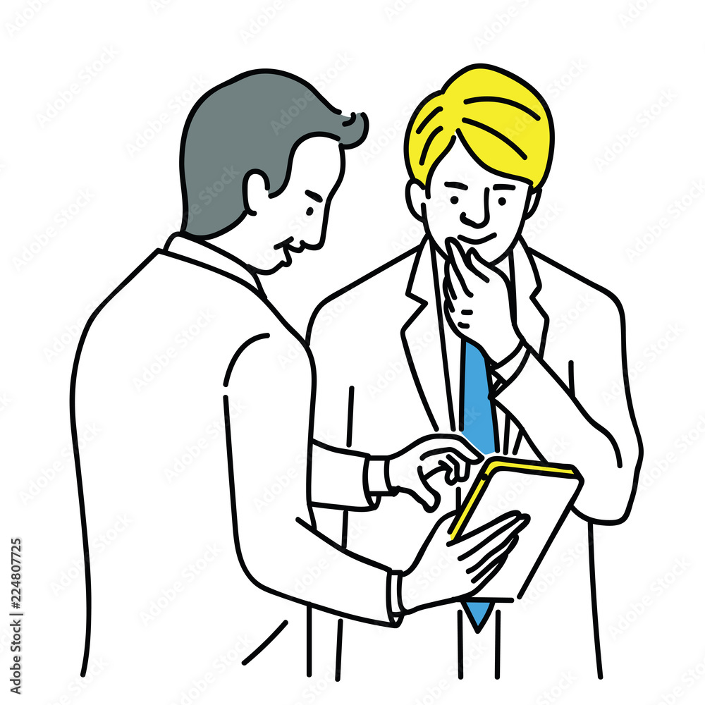 Businessman showing tablet screen to partner Businessman showing tablet screen to partner