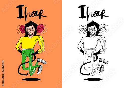 Positive and melancholic monкey. Greeting card vector. Be careful! I hear!