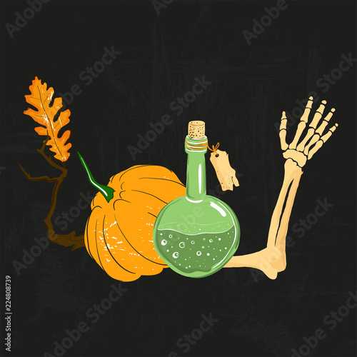 Clipart for Halloween. Pumpkin, skeleton arm, a green bottle with poison, dry branch and oak leaf. For holiday design of greeting cards, invitations. Isolated on black grunge background