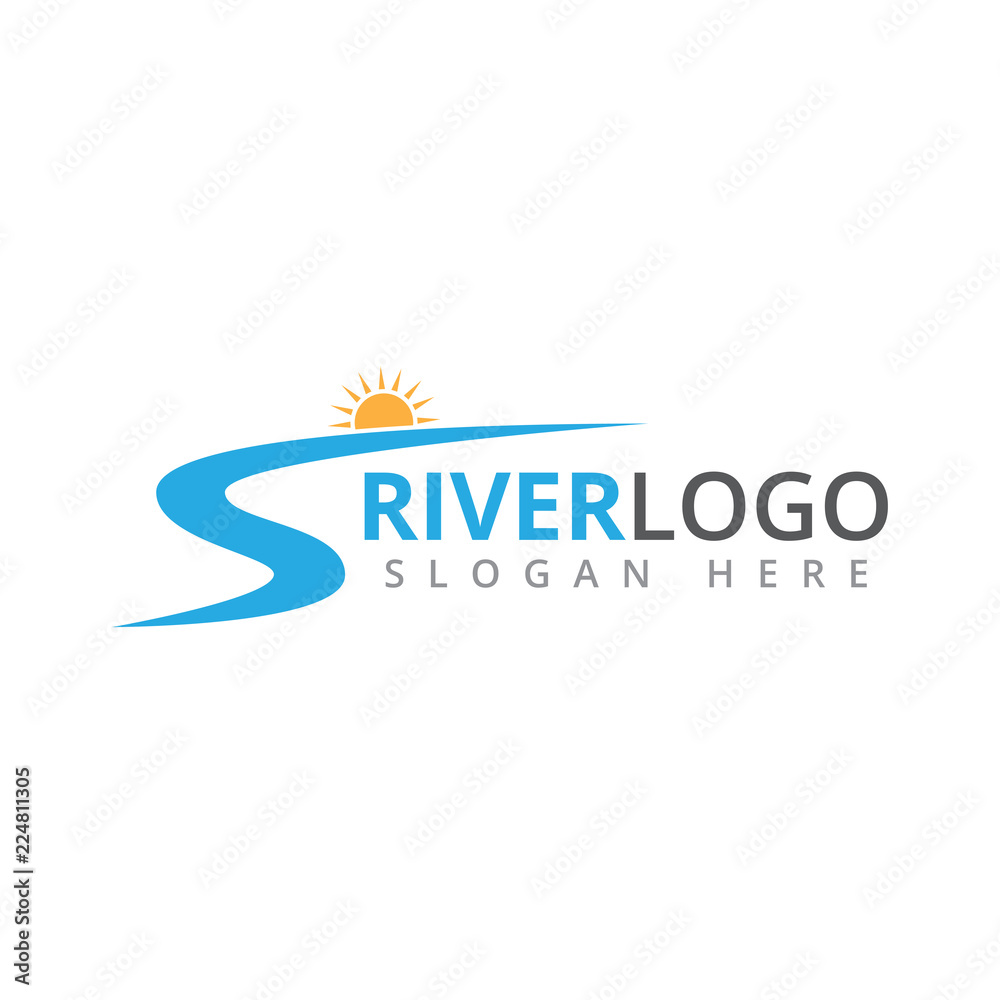 river flowing shape with sun in the peak vector logo design