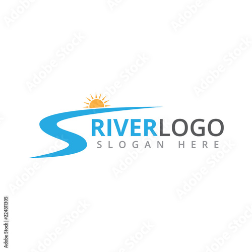 river flowing shape with sun in the peak vector logo design