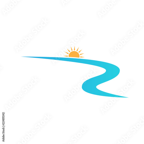 river flowing shape with sun in the peak vector logo design