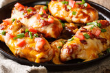 Monterey chicken features seasoned chicken breasts smothered in barbecue sauce, cheese, bacon and tomatoes closeup. horizontal