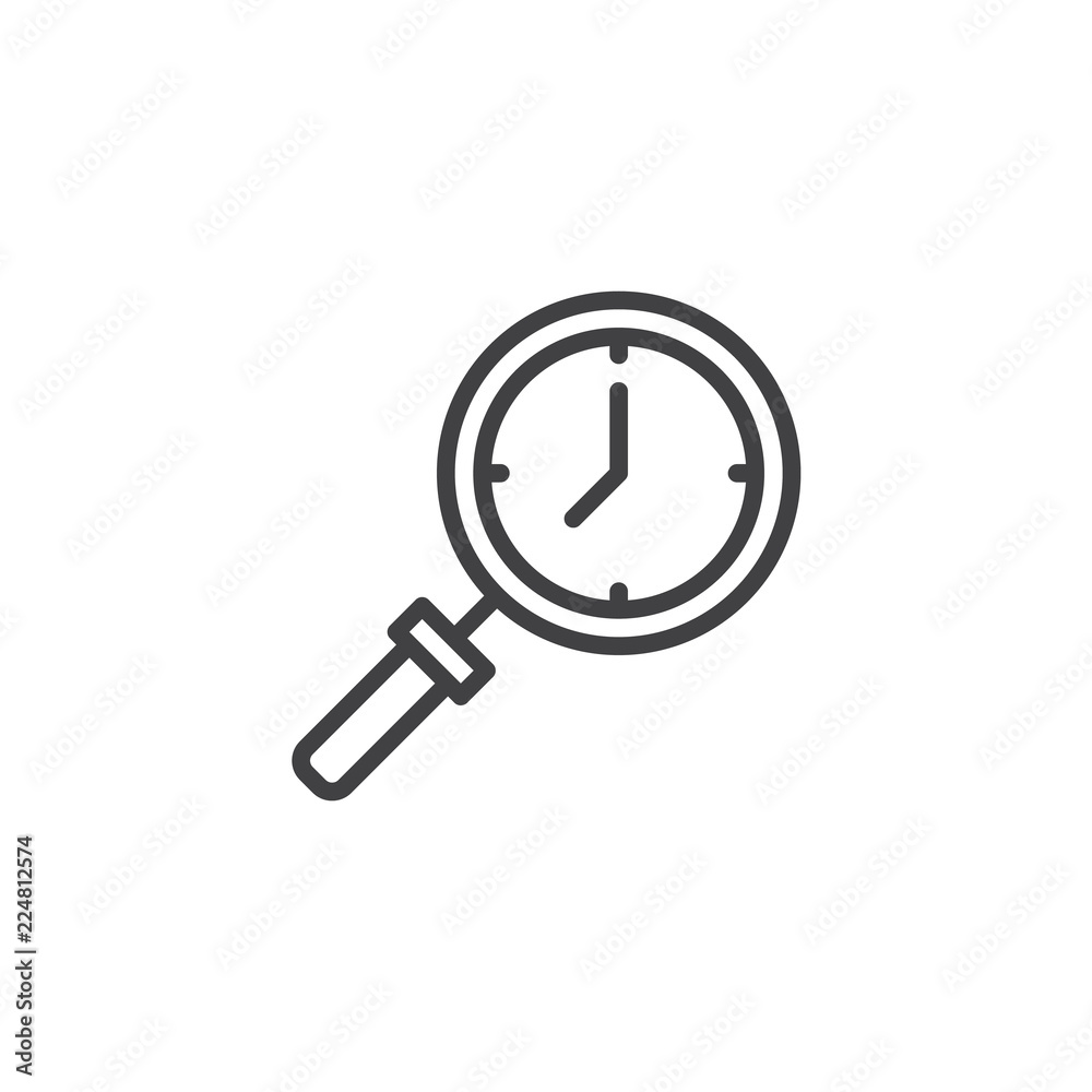 Time search outline icon. linear style sign for mobile concept and web design. Magnifying glass and clock simple line vector icon. Symbol, logo illustration. Pixel perfect vector graphics Time search outline icon. linear style sign for mobile concept and web design. Magnifying glass and clock simple line vector icon. Symbol, logo illustration. Pixel perfect vector graphics