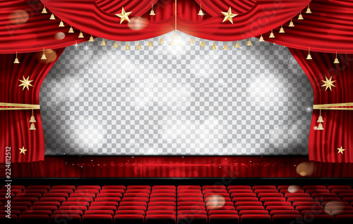 Red Stage Curtain with Seats and Transparent Copy Space.
