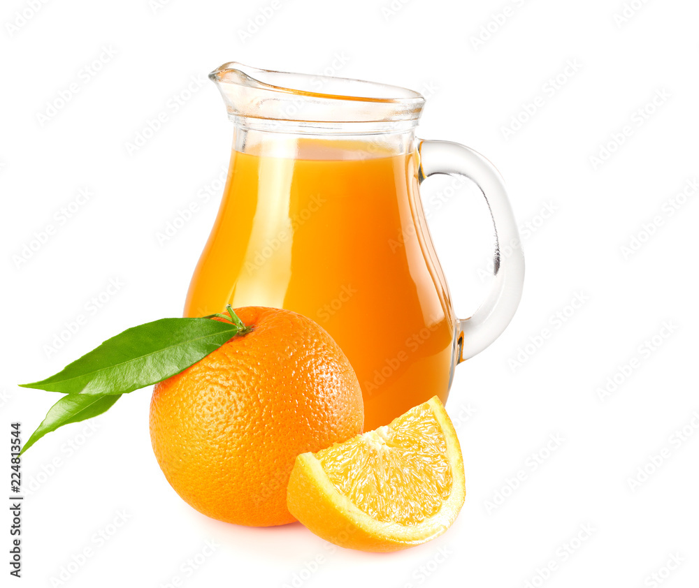 orange juice with orange slices and green leaf isolated on white background.  juice in jug Stock Photo | Adobe Stock