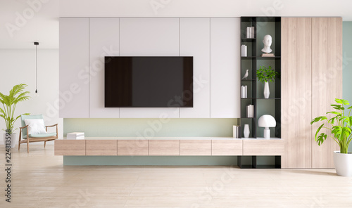  TV cabinet and display with on wood flooring and pastel green wall, minimalist and vintage interior of living room, ,3d rendering