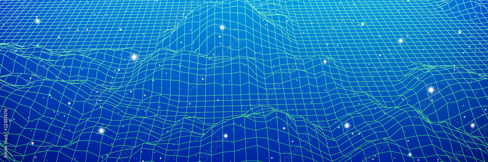 Digital landscape with mountains or hills made of line grid