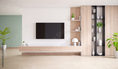 Bilde på lerret TV cabinet and display with  on wood flooring and white wall, minimalist and vi