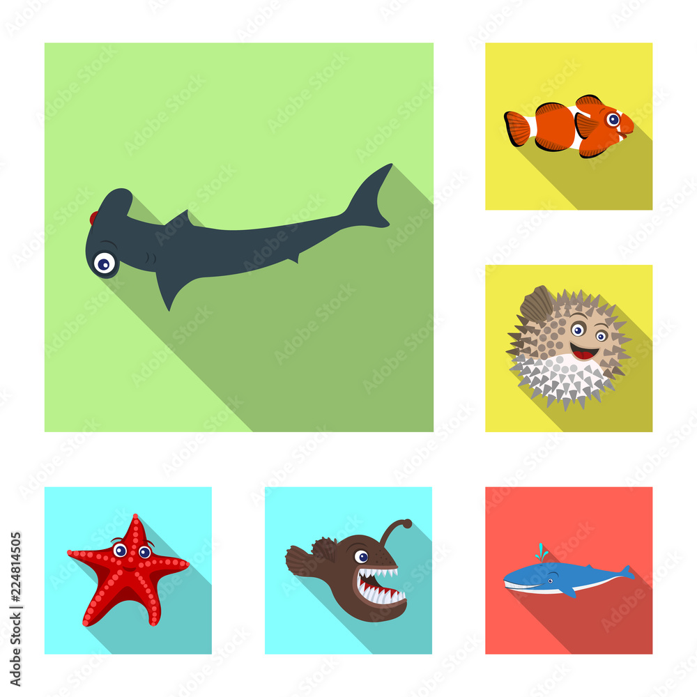 Vector illustration of sea and animal symbol. Collection of sea and marine vector icon for stock.