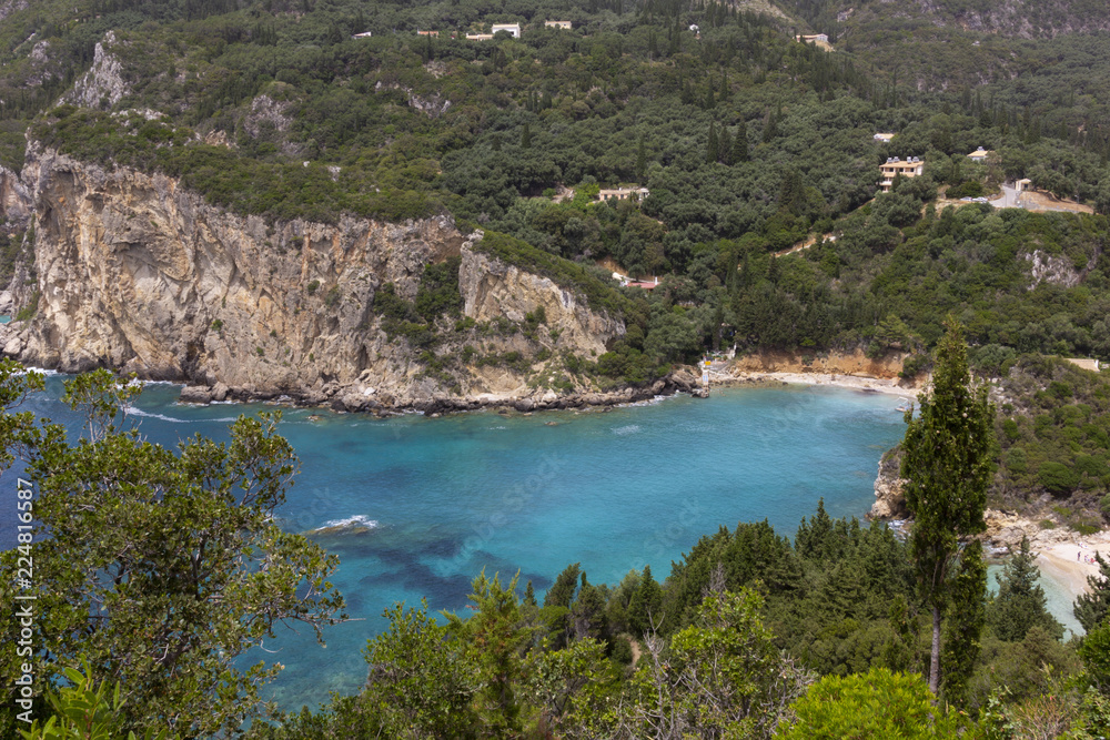 background image of rocky seashore on different Islands of Greece, Rhodes, KOs, Santorini, Halkidiki, Crete, Simi, Corfu