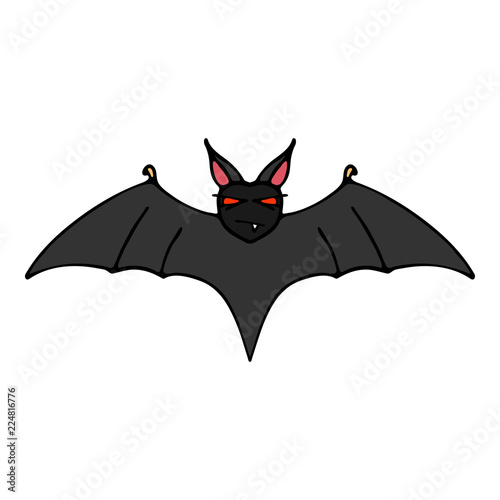 Happy halloween color vector icon with evil vampire bat. Trick or treat. Cute naive doodle, spooky element. Graveyard, monster, fall celebration. Witchcraft and magic. Vector illustration. Background.