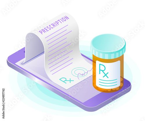 The smart phone, doctor online writes the medical prescription, pill bottle. Flat vector isometric illustration. The telemedicine, telehealth, online medicine, mobile healthcare, tele health concept.