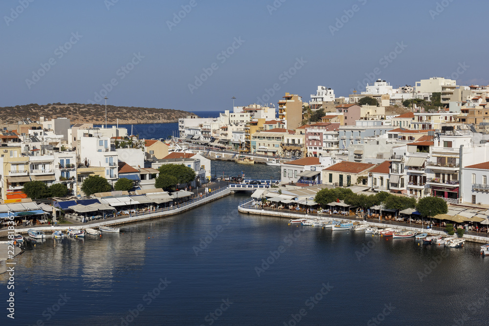 top view of the lake in the center of Agios Nikolaos on the island of Crete in Greece