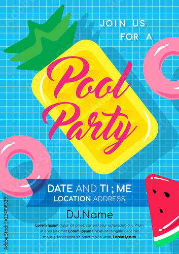 Pool party invitation vector illustration. Swimming pool with Pineapple pool float and pink inflatable ring floating on water.