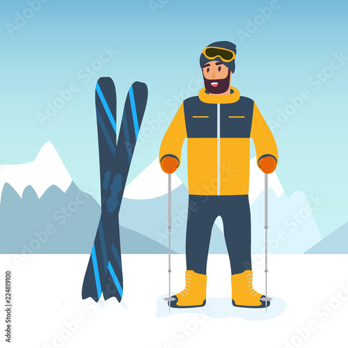 Cartoon sportsman skier against the background of snow-capped mountains. The concept of sport and competition. Flat design style. Vector illustration.
