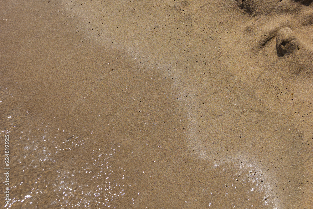 the background image is white the sea foam of the waves lapping on the sandy beach, washing away the footprints in the sand