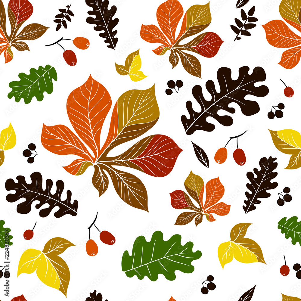 Fototapeta premium Seamless pattern, colored silhouettes of leaves and berries in the form of bright spots on a white background.