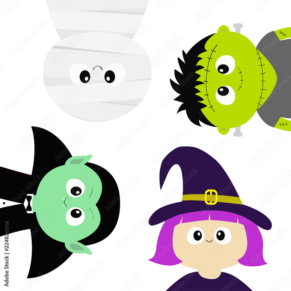 Happy Halloween. Mummy, Vampire count Dracula, whitch hat, zombie round  face head body icon set. Cute cartoon funny spooky baby character. Greeting  card. Flat design White background. Vector Stock Vector | Adobe