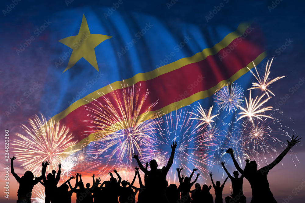People are looking on fireworks and flag of Democratic Republic Congo People are looking on fireworks and flag of Democratic Republic Congo