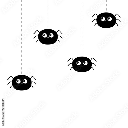 Four hanging black spiders on dash line web. Happy Halloween. Spider set. Cute cartoon baby character set. Flat material design. White background. Isolated.