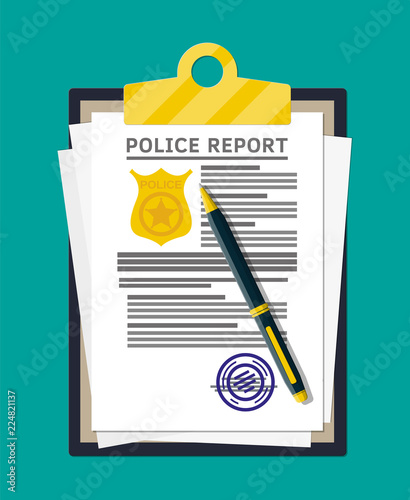 Clipboard with police report and pen.