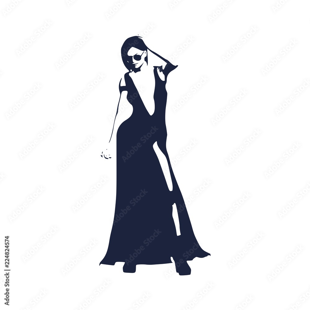 Sexy woman silhouette in evening dress. Young lady wearing sunglasses and rise her hand to head Sexy woman silhouette in evening dress. Young lady wearing sunglasses and rise her hand to head