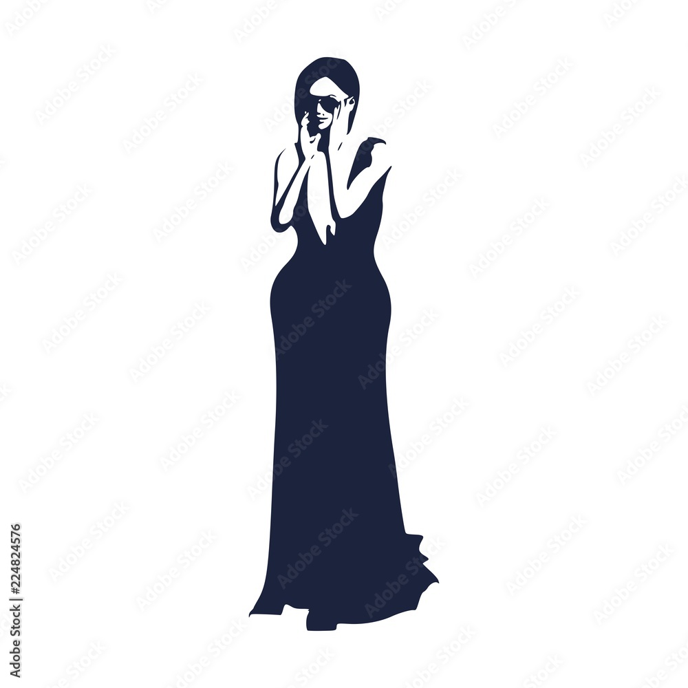 Sexy woman silhouette in evening dress. Young lady wearing sunglasses and rise her hands to face