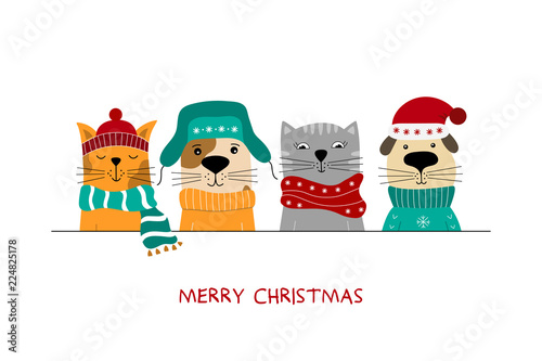  Merry Christmas illustration of cute cats and fun dogs.
