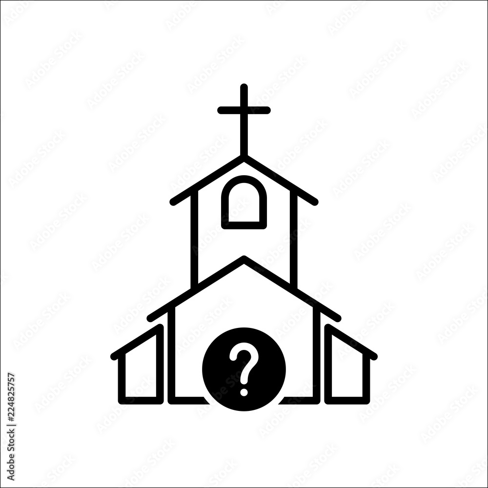 Church icon, Religion building, christian, christianity temple icon with question mark. Church icon and help, how to, info, query symbol