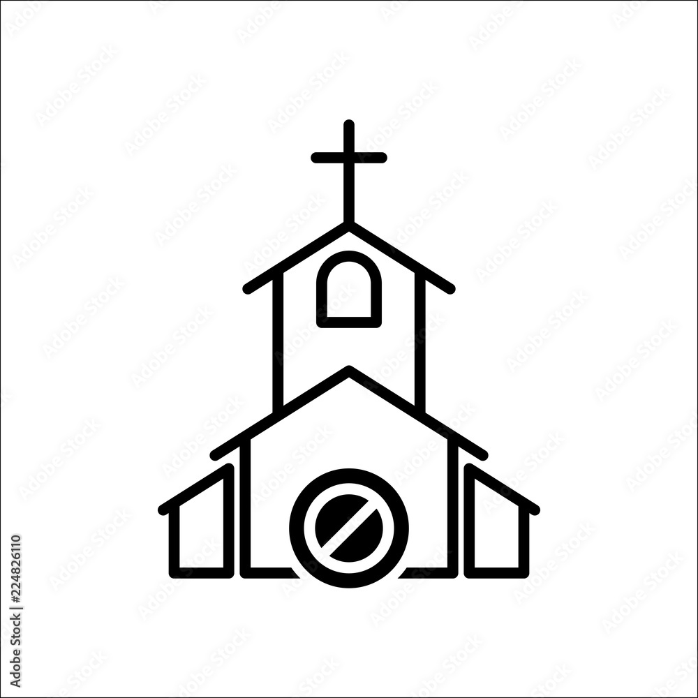 Church icon, Religion building, christian, christianity temple icon with not allowed sign. Church icon and block, forbidden, prohibit symbol