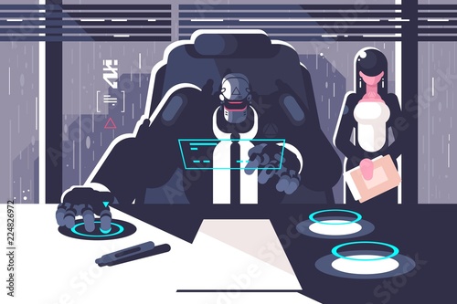 Robot boss with woman secretary in office room