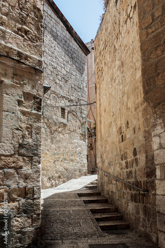 Silent  streets in the old city of Jerusalem, Israel. The St. Francis Street - Via Delorosa. photo