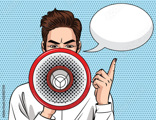 Vector colorful pop art style illustration of a businessman with a mouthpiece in his hand. A young angry guy with a megaphone. A man makes an announce and points his finger up