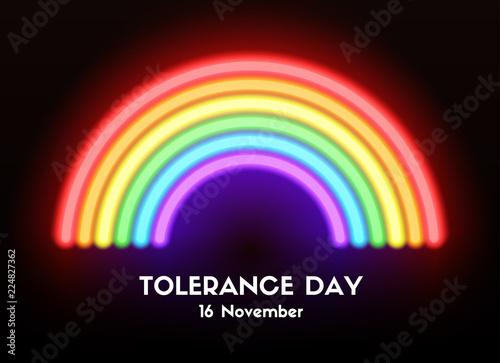 Tolerance day card. Vector neon glowing rainbow