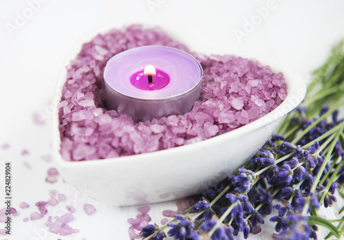 Heart-shaped bowl with sea salt  soap and fresh lavender flowers