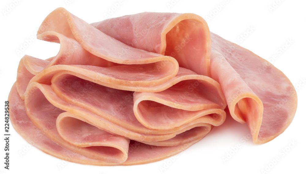 Sliced ham on white background. Pork ham sliced on white background Sliced ham on white background. Pork ham sliced on white background