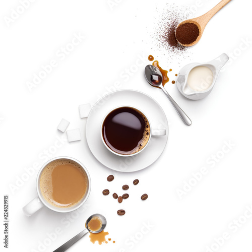 Top view of different types of coffee and ingredients