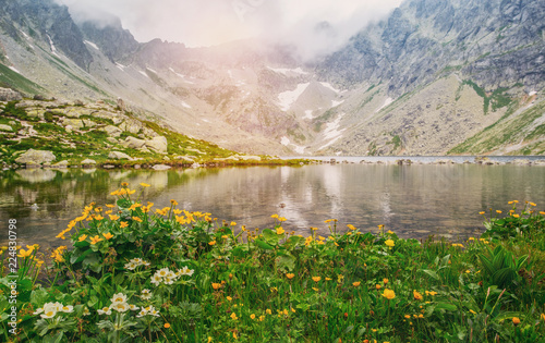 Fototapeta Naklejka Na Ścianę i Meble -  Hincovo pleso in fog at sunrise. High Tatras Slovakia