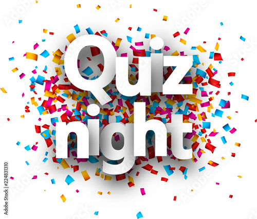 Quiz night poster with colorful confetti.