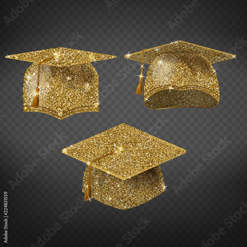 Vector golden graduation cap, shining symbol of education in university or college. Master degree, academic sparkling hat. Traditional uniform isolated on transparent background. Luxury clothing.