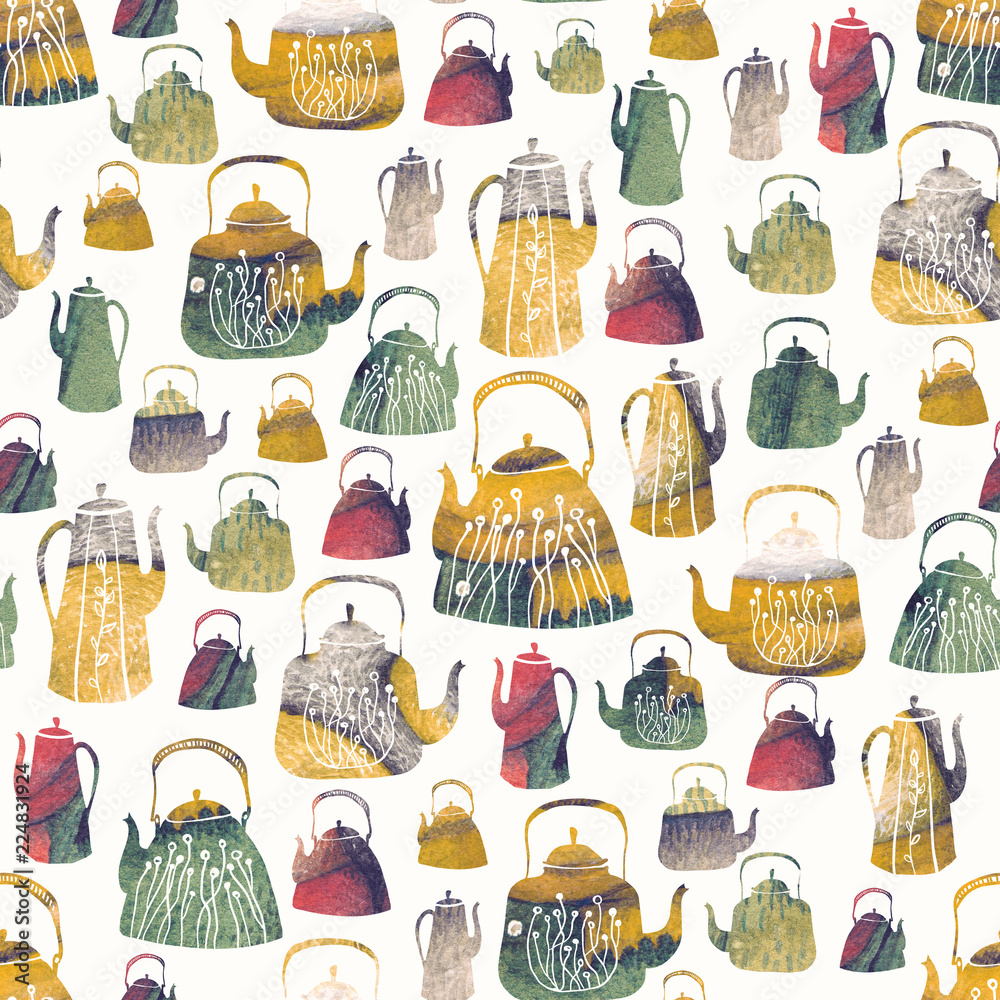 A seamless pattern with vintage kettles and teapots with watercolor