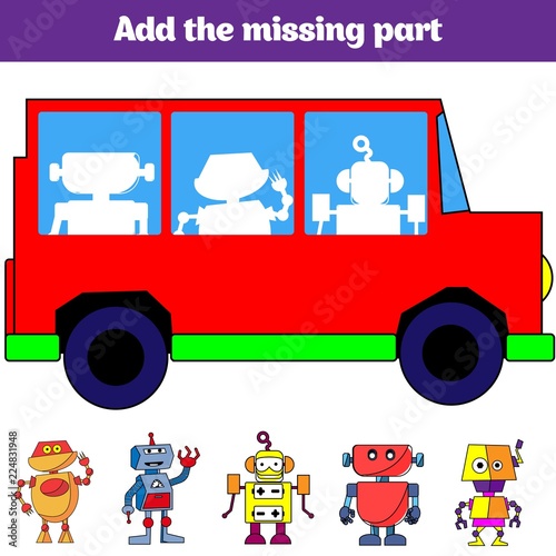 Puzzle game. Visual Educational Game for children. Task: find the missing parts. Worksheet for preschool kids