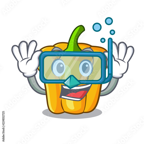 Diving cartoon fresh yellow peppers in the market