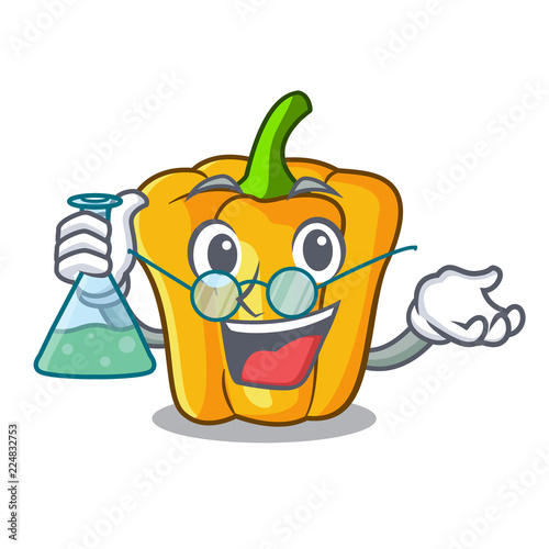 Professor cartoon fresh yellow peppers in the market