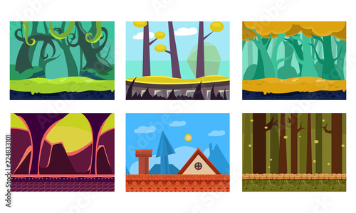 Flat vector set of 6 scenes for mobile game. Cartoon backgrounds with green jungles, house roof, fantastic forest and dungeon