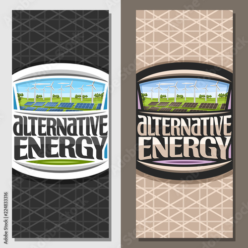 Vector banners for Alternative Energy, brochure with array solar panels and wind turbines in green summer park, original lettering for text alternative energy, illustration for clean ecological power.