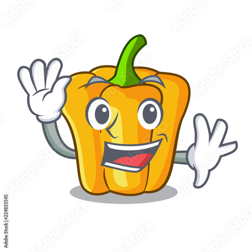 Waving cartoon fresh yellow peppers in the market